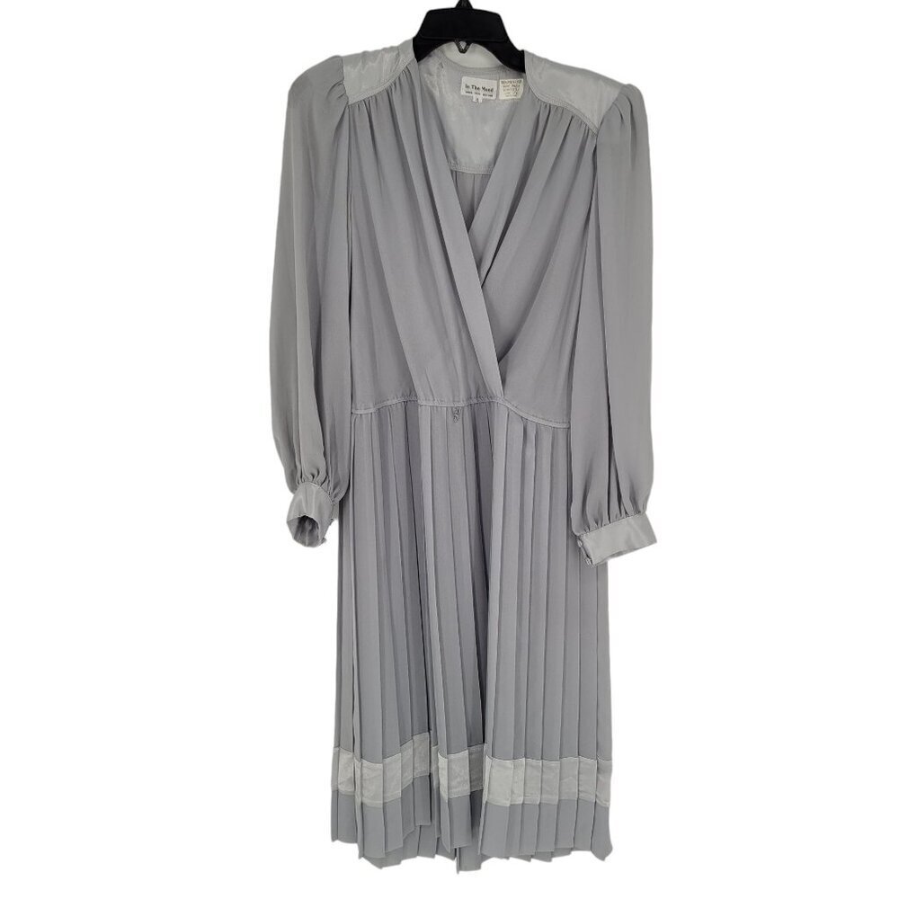 In the Mood womens 8 Vintage gray long sleeve pleated skirt dress chiffon trim